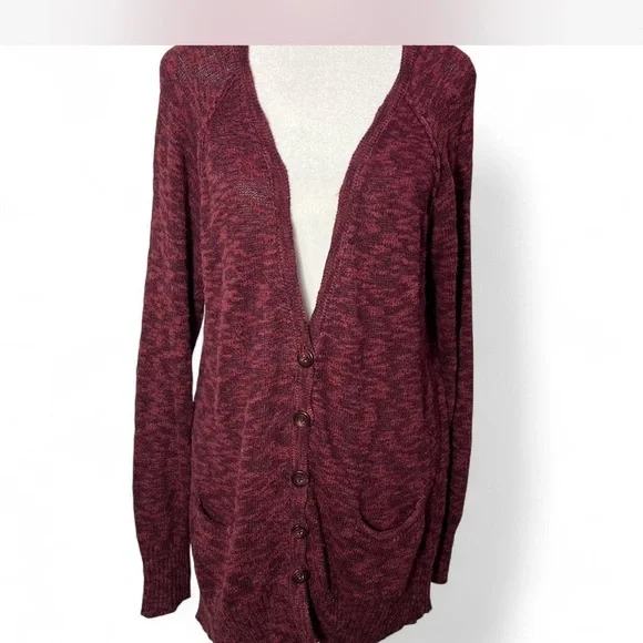 🏁Mudd XL burgundy V-Neck button down cardigan pockets - Picture 1 of 7
